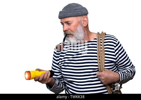 Foto ritratto di un allegro marinaio con il suo tubo e barba grigia, tenendo una corda Foto Stock