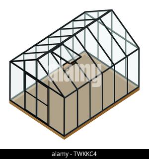 Serra vuota con lo sportello chiuso e aperto la finestra vista isometrica isolati su sfondo bianco. Casa di vetro. Illustrazione Vettoriale