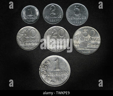 Brasile 1, 2, 5 centavos (1969-1975). 10, 20, 50 centavos (1970-1975) e 1 cruzeiro (1970) Foto Stock