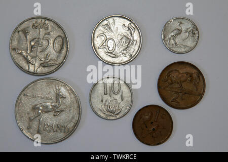 Sud Africa 1 Rand, 50 cent, 20 cent, 10 cent, 5 cent, 2 cent, 1 cent, 1976 Foto Stock