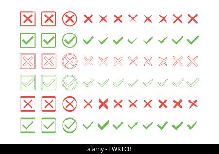 Set di vettore di Design piatto segni di spunta icone. Diverse varianti delle zecche e attraversa rappresenta la conferma, destra e scelte sbagliate, Task completi Illustrazione Vettoriale