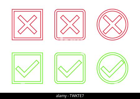 Set di vettore di Design piatto segni di spunta icone. Diverse varianti delle zecche e attraversa rappresenta la conferma, destra e scelte sbagliate, Task completi Illustrazione Vettoriale