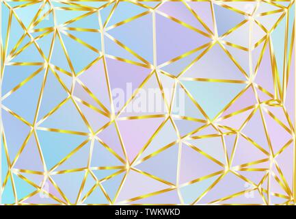 Gradiente olografico triangolo disegno vettoriale. Rainbow frizzante sfondo poligonale. Fantasy blu, rosa, aqua e viola shiny golden poli texture. Illustrazione Vettoriale