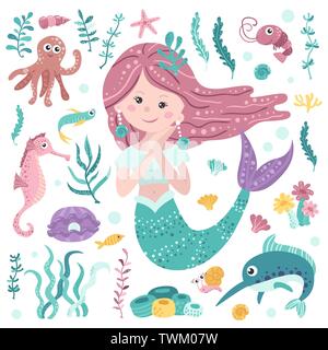 Set di carino mermaid, alghe e marino abitanti Illustrazione Vettoriale