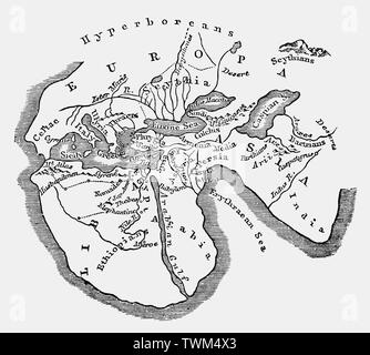 Il mondo secondo Erodoto, il 'Padre della storia", che hanno fatto delle aggiunte significative alla conoscenza geografica in BC 440. Avendo viaggiato su una grande parte del mondo orientale, scrive nella sua via Libro delle storie, "Mi chiedo quindi a coloro che hanno il comando parted off e diviso il mondo in Libia, in Asia e in Europa, dato che la differenza tra questi non è piccolo; per lunghezza in Europa si estende lungo da entrambi, mentre in larghezza per me è evidente che è al di là di confronto grandi..." Foto Stock