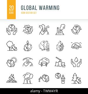 Icona set di 20 pezzi di icone vettore isolato su uno sfondo bianco in un stile lineare sul tema dell'inquinamento globale, ecologia, problemi del piano Illustrazione Vettoriale