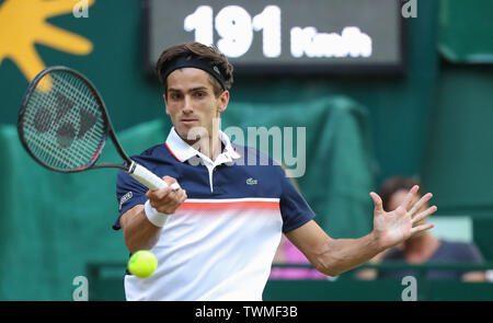 Halle, Germania. Il 21 giugno, 2019. Tennis: Atp-Tour singles, uomini, quarti di finale, Coric (Croazia) - Herbert (Francia). Pierre-Hugues Herbert colpisce una palla. Credito: Friso Gentsch/dpa/Alamy Live News Foto Stock