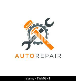 Riparazione Auto logo design con pistone e una chiave all'interno di una ruota dentata Illustrazione Vettoriale