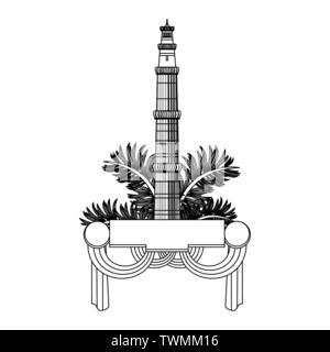 Torre indiano emblema con foglie e banner con bandiere in bianco e nero Illustrazione Vettoriale