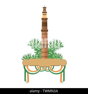 Torre indiano emblema con foglie e banner con bandiere Illustrazione Vettoriale