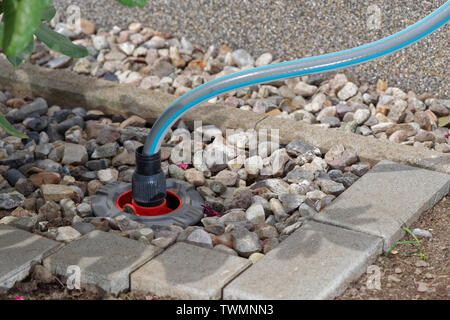 Scatola di connessione di una conduttura di acqua in un giardino Foto Stock