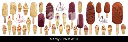 Set di disegnati a mano il gelato al cioccolato. Raccolta di vettore isolato elementi per etichette, scudetti, adesivi, icone. Usato per bar, cafe, menu, gelati Illustrazione Vettoriale