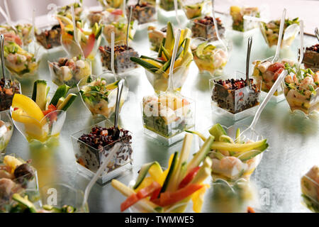 Gourmet colorato assortimento di frutta fresca tropicale antipasti su un tavolo da buffet in un hotel o un ristorante in un concetto di ristorazione Foto Stock