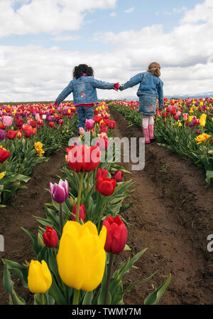 Due giovani ragazze a giocare in un campo di tulipani in Oregon Foto Stock