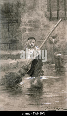 Giovani di spazzamento cosette: 1862 disegno per Victor Hugo Les Miserables. Illustratore francese Émile Bayard ha richiamato questo schizzo di cosette per la prima edizione. Foto Stock