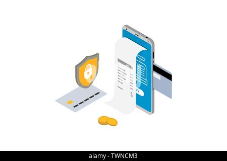 Vista isometrica di transazione di pagamento in rete con il concetto di ricevuta. Fattura elettronica fattura digitale per internet mobile banking. Smartphone con carta di credito Illustrazione Vettoriale