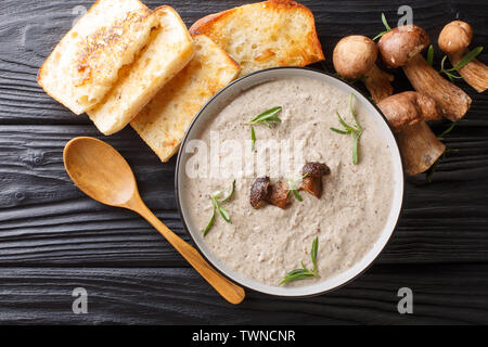 Minestra spessa purea fresca di funghi selvatici con timo vicino fino in una terrina servita con pane tostato sul tavolo. parte superiore orizzontale vista da sopra Foto Stock