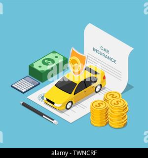Appartamento 3D isometrica auto sul contratto di assicurazione documento con il denaro della penna e calcolatrice. Assicurazione auto concetto. Illustrazione Vettoriale