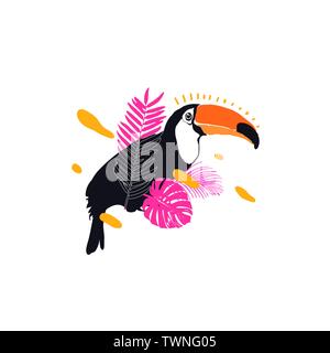 Illustrazione Vettoriale - Toucan, uccelli esotici fiori tropicali, foglie di palma, uccello del paradiso Illustrazione Vettoriale