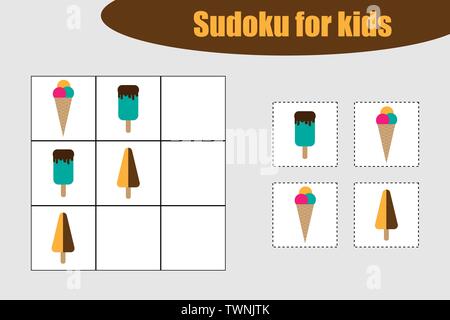 Primo gioco di Sudoku con gelati di immagini per i bambini, livello facile, gioco di educazione per i bambini in età prescolare attività del foglio di lavoro, task per lo sviluppo o Illustrazione Vettoriale