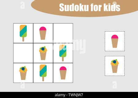 Primo gioco di Sudoku con gelati di immagini per i bambini, livello facile, gioco di educazione per i bambini in età prescolare attività del foglio di lavoro, task per lo sviluppo o Illustrazione Vettoriale