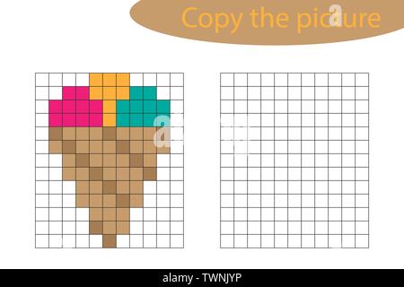 Copiare la foto, pixel art, gelato cartoon, disegno il training sulle competenze educative gioco della carta per lo sviluppo dei bambini, bambini di età prescolare activi Illustrazione Vettoriale