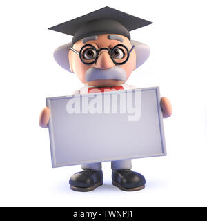 Immagine 3D di un pazzo mad professor scienziato indossando un mortaio board e tenendo un cartello bianco in 3D Foto Stock