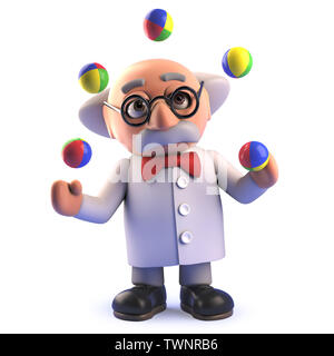 Immagine 3D rappresentata di un pazzo scienziato pazzo professore juggling balls in 3D Foto Stock