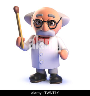 Immagine 3D di un cartoon 3d mad professor scienziato carattere tenendo un match Foto Stock