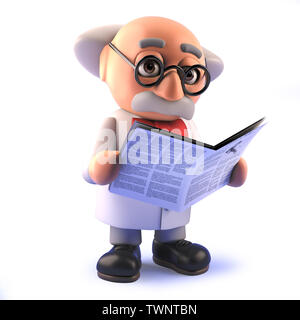 Immagine 3D di un pazzo scienziato cartoon professor leggendo un giornale in 3D Foto Stock