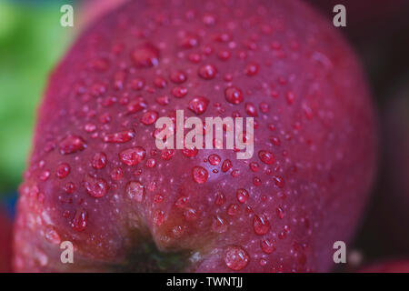 Gocce di acqua su un rosso sfondo apple Foto Stock