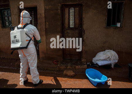 Beni, Repubblica Democratica del Congo. Xiii Giugno, 2019. Organizzazione mondiale della sanità lavoratore Belinda Landu, 28, decontamina la casa di un Pastore che ha appena testato positivi per il virus di Ebola in Beni.La Repubblica democratica del Congo sta vivendo la seconda più grande epidemia di Ebola registrata nella storia, e la risposta è ostacolata dal fatto che è attiva una zona di conflitto. Più di 1.400 persone sono morte dal mese di agosto 2018. Credito: Sally Hayden SOPA/images/ZUMA filo/Alamy Live News Foto Stock