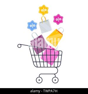 Carrello della spesa, borse e doni. In vendita in negozio online. Illustrazione Vettoriale