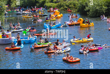 Iford, Dorset, Regno Unito. Il 22 giugno 2019. Il tempo era perfetto, caldo e soleggiato, ancora per Dorset Dinghy giorno con centinaia di gommoni, canotti pneumatici, artigianato, tavole che formano una flottiglia di salpare da ponte Iford giù il fiume Stour a ponte Tuckton. L'evento iniziato nel 2014 come un po' di divertimento, ma ora è diventato un evento annuale la raccolta di fondi per la carità ed il getter più grande di ogni anno. Credito: Carolyn Jenkins/Alamy Live News Foto Stock