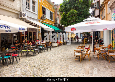 La città di Plovdiv, Bulgaria - 22 Giugno 2019: edifici nel quartiere Kapana, città di Plovdiv, capitale europea della cultura 2019 Foto Stock