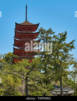 Toyokuni santuario cinque piani pagoda visto da dietro i pini. Foto Stock