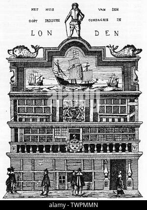 "L'antica East India House, Leadenhall Street, 1648-1726". Da Frederick Craces" "Portafoglio di viste su Londra'. Vista di East India House prima che fu ricostruito nel 1726. Foto Stock