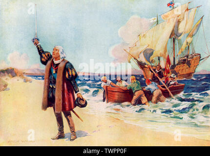 "Columbus Landing in America, 12th ottobre 1492". Di Archibald Bertram Webb (1887-1944). Cristoforo Colombo (1451-1506) è stato un esploratore, navigatore e colonizzatore italiano. Sebbene Colombo non sia stato il primo esploratore europeo a raggiungere le Americhe (Leif Ericson avendo raggiunto le Americhe nel 11th secolo), i viaggi di Colombo hanno portato al primo permanente contatto europeo con le Americhe. Columbus è visto atterrare su una delle isole dell'odierna Bahamas che chiamerebbe San Salvador. Foto Stock