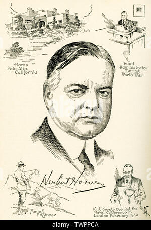 Questa illustrazione mostra il trentunesimo presidente degli Stati Uniti Herbert Hoover, che ha servito da 1929 a 1933. Le etichette sulle vignette leggere, da sinistra a destra e dall'alto verso il basso: Home Palo Alto in California, Amministratore di cibo durante il mondo Wqar, ingegnere minerario, King George aprendo la conferenza Navale di Londra nel febbraio 1930. Foto Stock