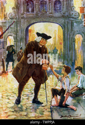 Dr. Johnson che dà denaro ai bambini impoveriti da Temple Bar Gate, Londra. Di Dudley Tennant (1867-1952). Samuel Johnson (1709-1784), spesso chiamato Dr Johnson, era uno scrittore inglese che ha dato contributi duraturi alla letteratura inglese come poeta, drammaturgo, saggio, moralista, critico letterario, biografo, redattore e lessicolografo. Foto Stock