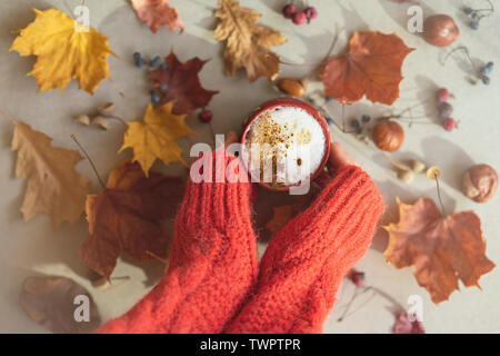 Le mani delle donne in un rosso maglione di lana tenendo una tazza di caffè con latte, cappuccino fra l'autunno colorato foglie sbiadite, ghiande, castagne, noci. Vintag Foto Stock