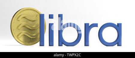 Libra gold coin logo e testo, digital cryptocurrency, isolata contro bianco colore di sfondo, banner. 3d illustrazione Foto Stock