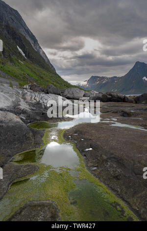 L'isola di Senja nel nord della Norvegia ha belle vette mozzafiato fiordi blu, e immacolate spiagge di sabbia bianca. Foto Stock