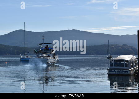 Un motoscafo lasciando Cowichan Bay marina su un tranquillo e soleggiato al mattino. Foto Stock