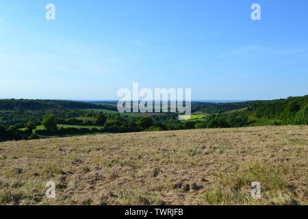 Vista dalla strada di Romney, Kent, nord a Essex, su un bel inizio giorno d'estate. L'immagine mostra il North Downs retrocedendo fino al Fiume Tamigi Foto Stock