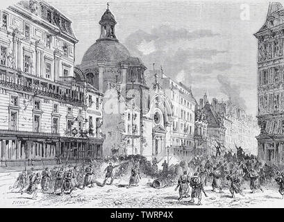 Tenendo la barricata di Rue Saint-Antoine durante la Comune di Parigi, 1871 Foto Stock