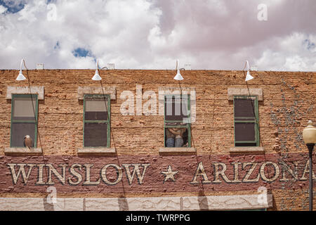 Winslow Arizona, USA 5/16/2016 eagle sul davanzale, giovane nella finestra, lato dell'edificio Foto Stock