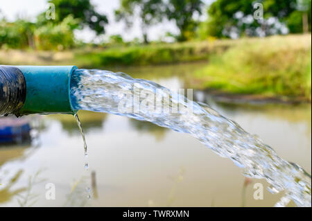 Agricoltura tubo blu con le acque sotterranee che sgorga in stagno Foto Stock