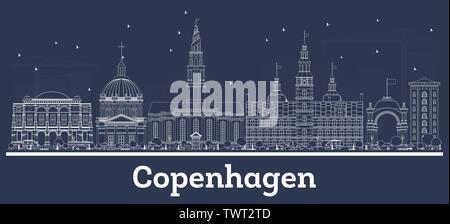 Delineare Copenhagen DANIMARCA skyline della città con edifici bianchi. Illustrazione Vettoriale. Viaggi di affari e di turismo con il concetto di architettura storica. Illustrazione Vettoriale