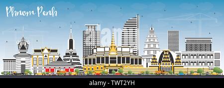 Phnom Penh Cambogia skyline della città con edifici di colore e cielo blu. Illustrazione Vettoriale. Viaggi di affari e turismo Concept. Illustrazione Vettoriale